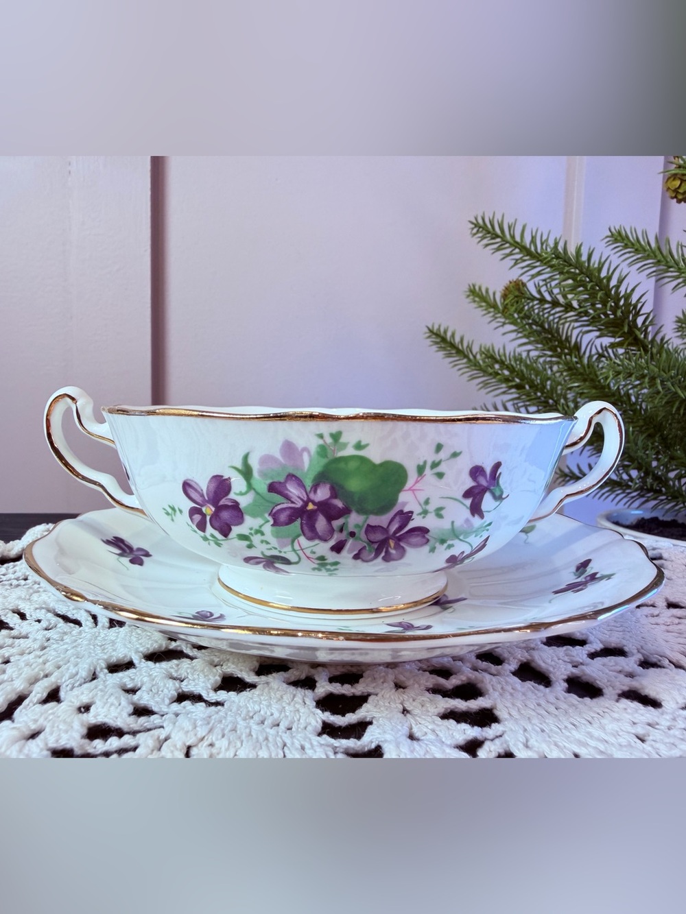 Royal Adderley Bone China Violets Handled Cream Soup Bowl with Matching Saucer